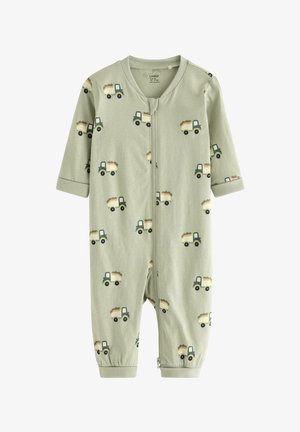 Vaaleanvihreä vauvan haalari, jossa on pitkät hihat ja vetoketju edessä, koristeltu pienillä beigeillä ja tummanvihreillä kuorma-autokuvioilla.