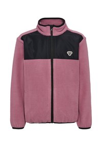 Fleecejack met een lavendelkleurig lichaam en een zwart bovenstuk, rits over de hele lengte aan de voorkant, opstaande kraag en een klein logo op de borst.