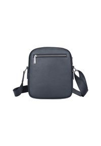 Borsa a tracolla nera in pelle di forma quadrata con superficie strutturata, chiusura superiore a zip e tracolla regolabile per maggiore comodità.