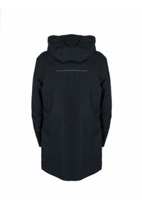 Chaqueta con capucha negra que presenta un corte recto, tejido texturizado y un acento reflectante en la parte posterior. Diseñada para la durabilidad y el calor.