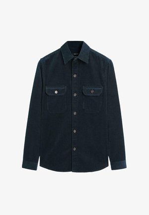 Corduroy overhemd in donker teal, met een knoopsluiting aan de voorkant, twee borstzakken en een klassieke kraag met een gestructureerde ribbelafwerking.