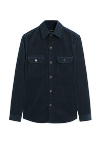 Camicia in velluto a coste di colore teal scuro, con chiusura a bottoni, due taschini sul petto e colletto classico con una finitura a costine testurizzate.