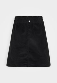 Svart kordkjol med elastisk midja och knappar i fronten. Har vertikal struktur och en lite A-formad silhuett.