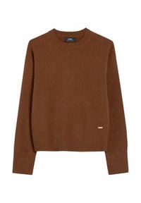 Brązowy sweter dziany z okrągłym dekoltem, ściągaczami przy mankietach i u dołu. Posiada małą metkę marki po lewej stronie na dole. Miękka tekstura.