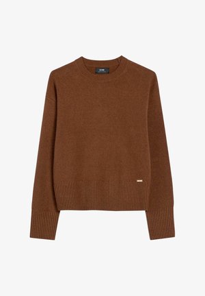 Brązowy sweter dziany z okrągłym dekoltem, ściągaczami przy mankietach i u dołu. Posiada małą metkę marki po lewej stronie na dole. Miękka tekstura.