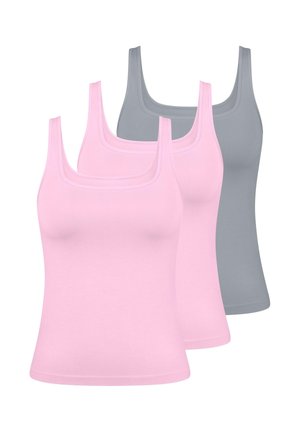 Tre tanktoppe: en lyserød og to grå. Fremstillet af blød bomuld med en tætsiddende pasform og brede skulderstropper. Glat tekstur.