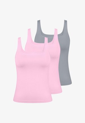 Trois débardeurs : un rose clair et deux gris. Fabriqués en coton doux, avec une coupe ajustée et de larges bretelles. Texture lisse.