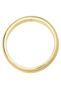 Guld ring med en glat, poleret overflade. Rund form og ensartet bredde, med en lille diamant accent. Ingen synlige mønstre eller teksturer.