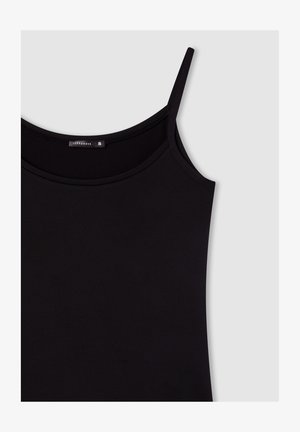 Top nero senza maniche realizzato in morbido tessuto, con scollatura rotonda e spalline sottili. Etichetta riportante "Terranova" in taglia piccola.