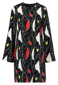 Mustapuku pitkillä kellohihnoilla, jossa on abstrakti kuvio, jossa on punaisia, valkoisia ja keltaisia yksityiskohtia, valmistettu sileästä, kevyestä kankaasta.