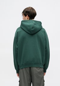 Felpa verde con un ampio cappuccio, vestibilità morbida e orlo a coste. Tessuto di cotone liscio; cuciture dettagliate visibili lungo le cuciture e i polsini.