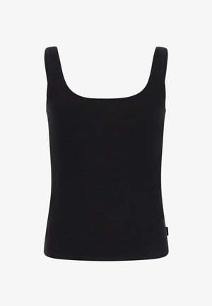 Canottiera nera a coste senza maniche con spalline larghe e scollatura quadrata.