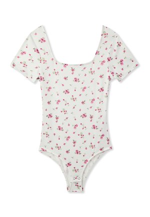 Body bianco a fiori con maniche corte, con piccole rose rosa e foglie verdi, scollatura arrotondata e chiusura a scatto sul fondo.