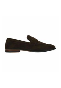 Brown suede loafers with a flat profile and minimalistic design. Features a strap across the instep and a contrasting wood-like sole.
