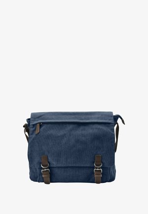 Geantă de messenger din pânză albastră cu două catarame din piele maro, închidere cu fermoar în partea de sus și curea de umăr ajustabilă. Material texturat.
