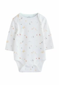 Combinaison blanche à manches longues avec des motifs colorés d'animaux et de nature ; se ferme par des boutons-pression en bas et possède un col arrondi.
