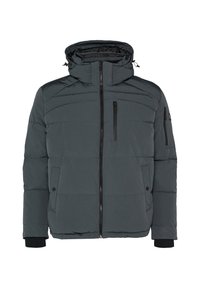 Pufferjack in donkergrijze stof; heeft een capuchon, een ritssluiting aan de voorkant en twee zijzakken. Gelaagde panelen en elastische manchetten.