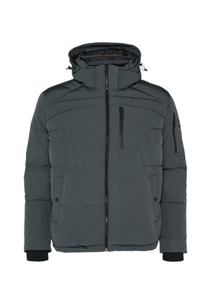 Daunenjacke aus dunkelgrauem Stoff; verfügt über eine Kapuze, einen Reißverschluss vorne und zwei Seitentaschen. Mit strukturierten Einsätzen und elastischen Bündchen.