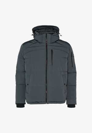 Pufferjack in donkergrijze stof; heeft een capuchon, een ritssluiting aan de voorkant en twee zijzakken. Gelaagde panelen en elastische manchetten.