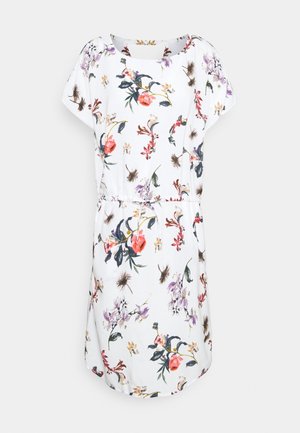 Weißes knielanges Kleid mit kurzen Ärmeln, einem Taillen-Kordelzug und einem mehrfarbigen Blumenmuster mit rosa-, lila- und grünen Elementen.