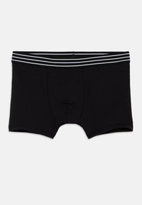 Boxeri negri din bumbac, cu o bandă elastică în dungi alb-negru. Prezintă o croială strâmtă și o textură moale.