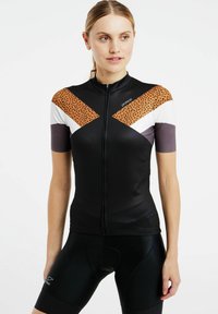 Maglietta da ciclismo a maniche corte nera con motivi colorati: accenti a macchie marroni, strisce bianche e viola, e chiusura frontale con zip.