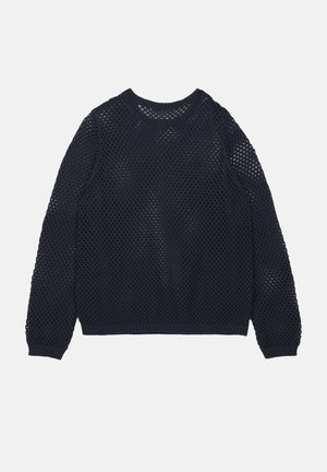 Jersey de punto navy con un patrón de malla, cuello redondo y mangas largas, con puños y dobles de canalé para un ajuste relajado.