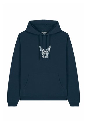 Navy blue hoodie made of cotton blend. Features a front pocket and a white butterfly graphic with text "Fly away!" on the chest.