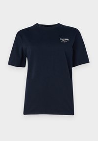 Námořnická modrá bavlněná tričko s kulatým výstřihem a krátkými rukávy, s malým bílým logem "tommy" na levé části hrudi.