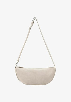 Beige leather shoulder bag with a rounded shape, adjustable strap, and silver hardware. Smooth texture with minimal stitching detail.
