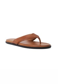 Brown leather flip-flop with a toe post. Features a contrasting black outsole and a smooth, matte finish on the footbed and straps.