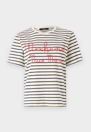 Bomulds T-shirt med marineblå og cremefarvede horisontale striber, med rød kursiv tekst "Weekend Max Mara" på fronten. Korte ærmer og rund hals.
