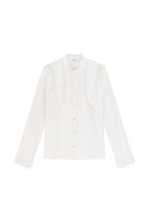 Witte lange mouwen blouse met ruche-accenten op de schouders en een knoopsluiting aan de voorkant. Gemaakt van een lichte, gestructureerde stof.