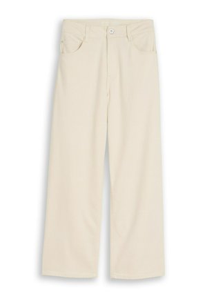 Recht gesneden broek in crèmekleur met knoop en rits aan de voorkant, twee zakken vooraan en riemlussen, plat liggend op een witte achtergrond.