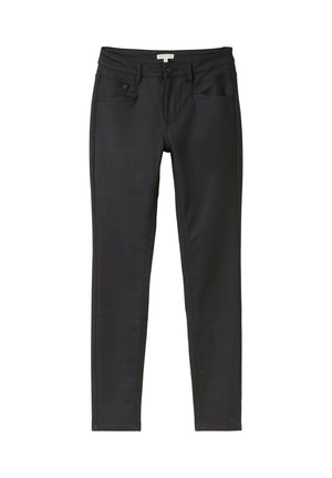 Jeans skinny neri in denim con una texture liscia. Presentano cinque tasche e una chiusura con un unico bottone in vita.