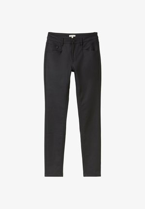 Jeans skinny neri in denim con una texture liscia. Presentano cinque tasche e una chiusura con un unico bottone in vita.