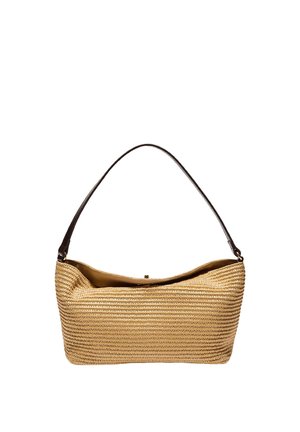 Sac à main rectangulaire en tissage beige avec une seule bandoulière marron foncé et une fermeture éclair en haut.