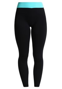 Czarne legginsy z turkusowym pasem, wykonane z elastycznego materiału, o gładkiej fakturze i dopasowanym kroju.