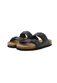 Sandali in pelle nera con due cinghie regolabili e fibbie, soletta in sughero e suola in gomma, caratterizzati da una superficie liscia e un design minimalista.
