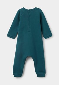 Tägiger Baumwoll-Overall in Türkis mit langen Ärmeln, gerippten Bündchen und rundem Halsausschnitt. Mit Druckknopfverschluss an der Vorderseite.