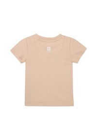 Beige Baumwoll-T-Shirt mit kurzen Ärmeln, rundem Ausschnitt und kleinem Markenlabel auf der Rückseite. Glatte Textur ohne Muster oder Akzente.