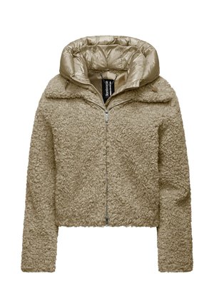 Beige cropped jas met krullende shearlingtextuur, rits aan de voorkant, brede kraag en glanzende gewatteerde capuchon.