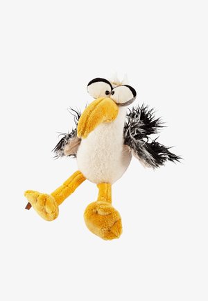 Plush bird toy with a cream body, yellow beak and feet, and black feather-like accents on wings. Round eyes and fuzzy white crest detail.