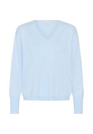Svijetloplavi džemper dugih rukava s V-izrezom i rebrastim manžetnama i rubom, prikazan na bijeloj pozadini.