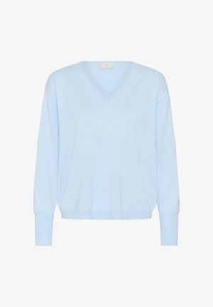 Pull à manches longues bleu clair avec col en V, poignets et ourlet côtelés, présenté sur un fond blanc.