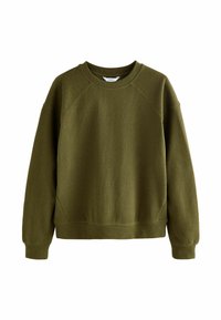 Olivengroen crewneck sweatshirt met lange mouwen, geribbelde manchetten en een geribbelde zoom op een witte achtergrond.