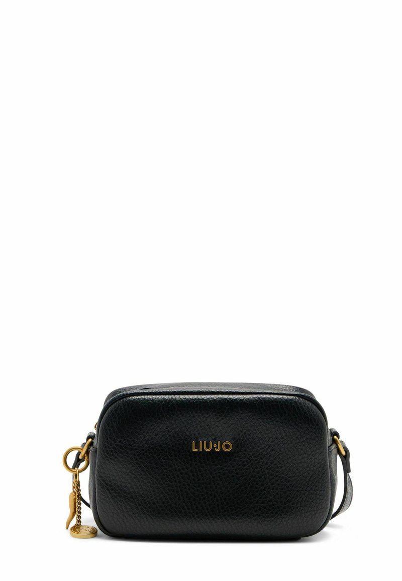 Borsa a tracolla nera in pelle con finitura texturizzata, forma rettangolare, accessori in oro e logo del marchio impresso sulla parte frontale.
