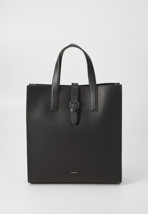 Black leather tote bag with two top handles and a central buckle strap closure against a plain white background.