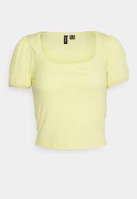 Top cropped amarelo com nervuras, com mangas curtas e bufantes e decote quadrado. Feito de material elástico, apresentando uma textura suave ao longo de toda a peça.