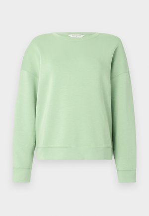 Felpa verde chiaro realizzata in tessuto morbido, con collo rotondo, maniche lunghe e vestibilità comoda. Design semplice senza motivi o decorazioni.